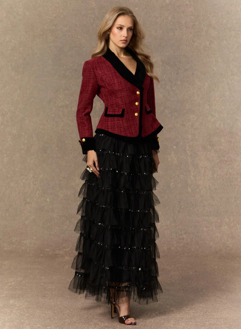 سنفير Graceful Arrival Burgundy Tweed Jacket & Tiered Tulle Skirt Set